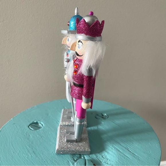 Set of 2 Miniature Hobby Lobby Nutcrackers Pink Blue Silver Glitter 7” Tall - Picture 4 of 7